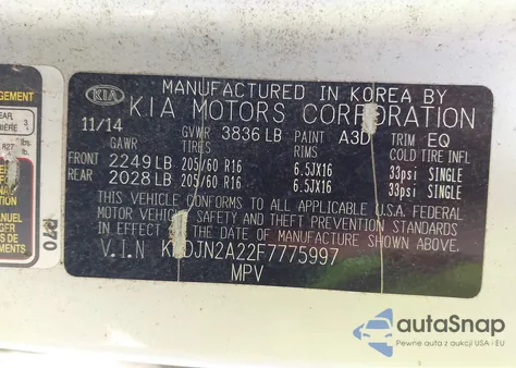 2015 Kia Soul z USA, uszkodzony, nr VIN KNDJN2A22F7775997